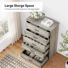 Load image into Gallery viewer, Dresser for Bedroom with 5 Drawers, Tall Wood Drawer Dresser Chest of Drawers for Closet, Living Room, Hallway, Nursery, Kids Bedroom, Grey