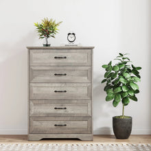 Load image into Gallery viewer, Dresser for Bedroom with 5 Drawers, Tall Wood Drawer Dresser Chest of Drawers for Closet, Living Room, Hallway, Nursery, Kids Bedroom, Grey