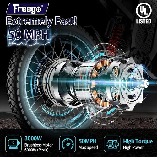 6000W(Peak) Motor 60V/35ah Battery, Freego X2pro Electric Motorcycle for Adults, Electric Bike 50MPH/7 Speed Off Road Electric Bicycle, 19x2 Full Suspension/Four - Piston Hydraulic Brake UL2849MTB