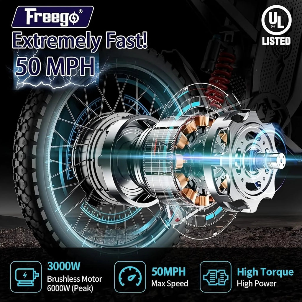 6000W(Peak) Motor 60V/35ah Battery, Freego X2pro Electric Motorcycle for Adults, Electric Bike 50MPH/7 Speed Off Road Electric Bicycle, 19x2 Full Suspension/Four - Piston Hydraulic Brake UL2849MTB