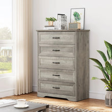 Load image into Gallery viewer, Dresser for Bedroom with 5 Drawers, Tall Wood Drawer Dresser Chest of Drawers for Closet, Living Room, Hallway, Nursery, Kids Bedroom, Grey