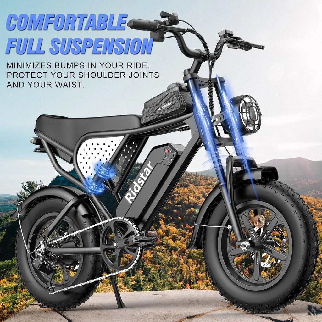 Ridstar Electric Bike for Adults Q20, 1200W 30MPH, 48V 15.6ah Electric Bicycle, 7 Speed Full Suspension Mountain Bike UL2849