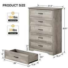 Load image into Gallery viewer, Dresser for Bedroom with 5 Drawers, Tall Wood Drawer Dresser Chest of Drawers for Closet, Living Room, Hallway, Nursery, Kids Bedroom, Grey