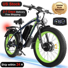Load image into Gallery viewer, (US in Stock) 5000W Peak Dual Motor Electric Bike for Adults, 60V 25AH Removable Battery Ebike, 50MPH AWD 21 - Speed Mountain Snow E - Bike with 26" x 4.0 Fat Tire, Long Range Mountain Off - Road Ebikes