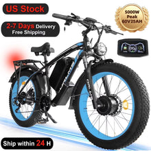 Load image into Gallery viewer, (US in Stock) 5000W Peak Dual Motor Electric Bike for Adults, 60V 25AH Removable Battery Ebike, 50MPH AWD 21 - Speed Mountain Snow E - Bike with 26" x 4.0 Fat Tire, Long Range Mountain Off - Road Ebikes