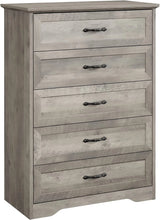 Load image into Gallery viewer, Dresser for Bedroom with 5 Drawers, Tall Wood Drawer Dresser Chest of Drawers for Closet, Living Room, Hallway, Nursery, Kids Bedroom, Grey