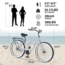 Load image into Gallery viewer, Single Speed Bicycles 26"inch, Steel Frame, Wide Wheels for Stability, Rear Coaster Brakes, Multiple Colors Men'S Beach Cruiser Bike