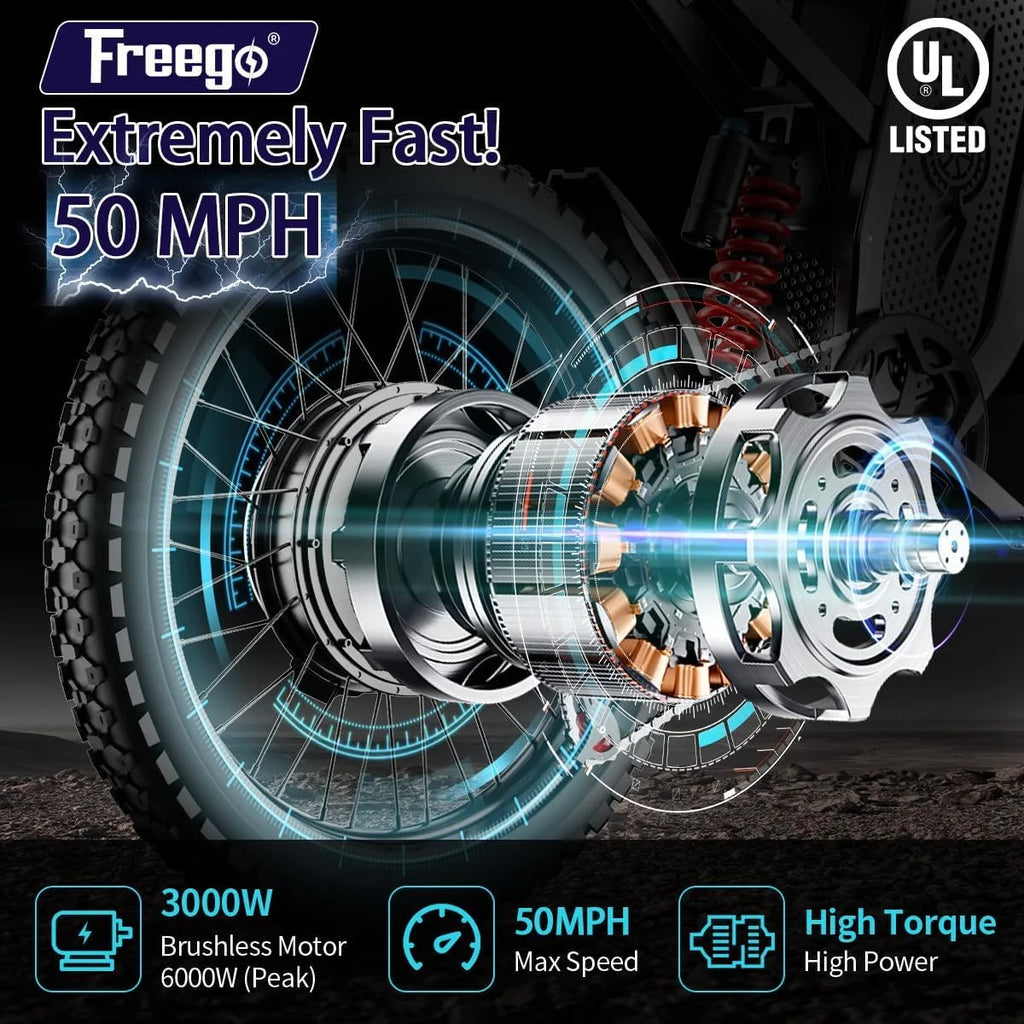 6000W(Peak) Motor 60V/35ah Battery, Freego X2pro Electric Motorcycle for Adults, Electric Bike 50MPH/7 Speed Off Road Electric Bicycle, 19x2 Full Suspension/Four - Piston Hydraulic Brake UL2849MTB