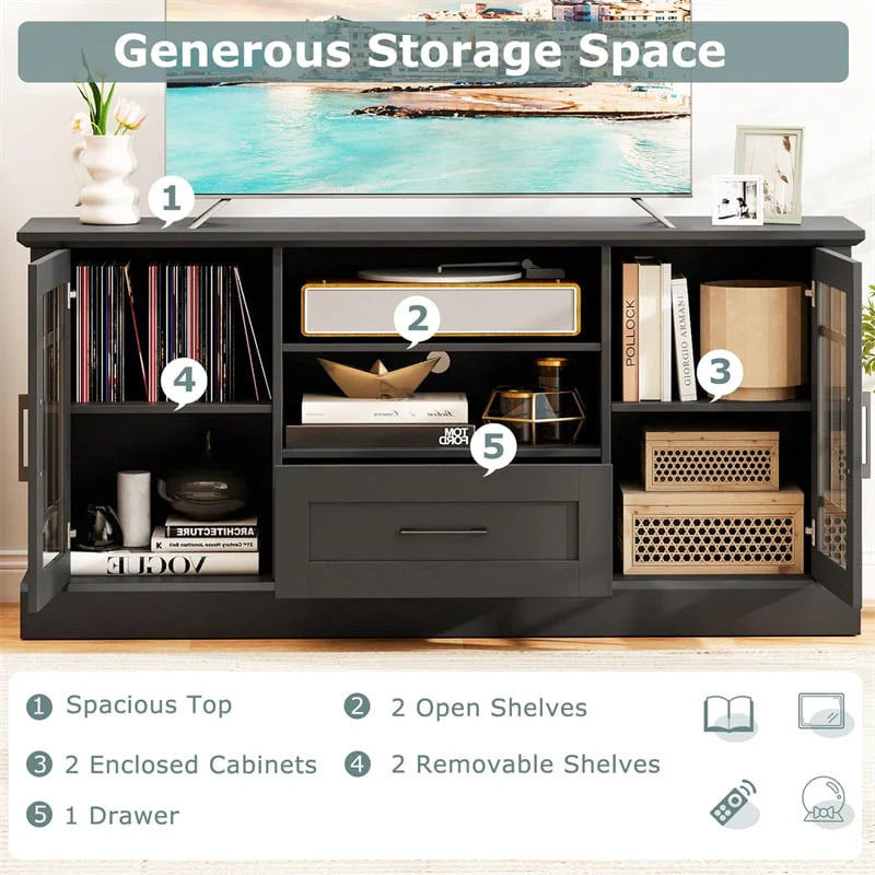 62" Farmhouse TV Stand for 70 Inch TVs, Tall Media Console Table with 2 Glass Doors, Cubbies & Drawer, Storage Cabinet for Living Room