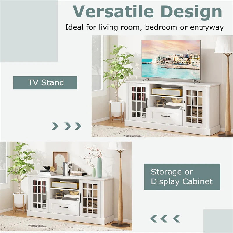62" Farmhouse TV Stand for 70 Inch TVs, Tall Media Console Table with 2 Glass Doors, Cubbies & Drawer, Storage Cabinet for Living Room