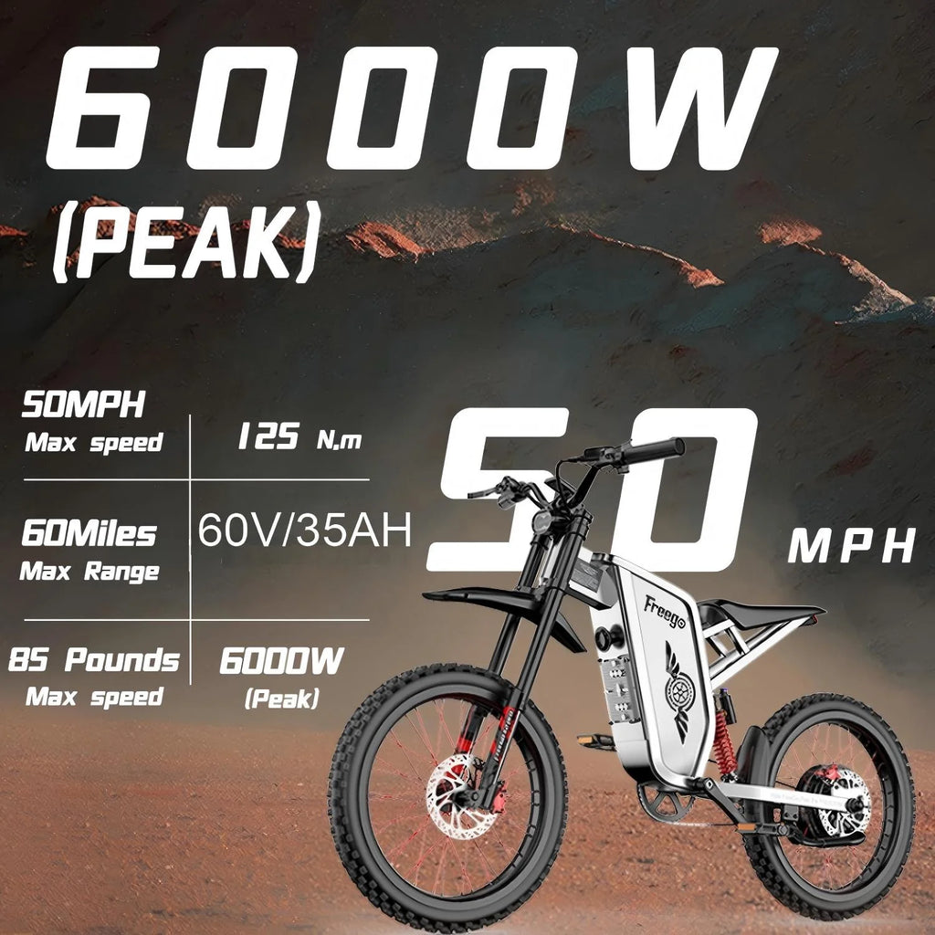 6000W(Peak) Motor 60V/35ah Battery, Freego X2pro Electric Motorcycle for Adults, Electric Bike 50MPH/7 Speed Off Road Electric Bicycle, 19x2 Full Suspension/Four - Piston Hydraulic Brake UL2849MTB