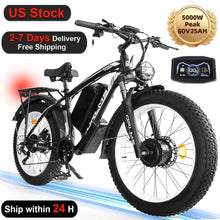 Load image into Gallery viewer, (US in Stock) 5000W Peak Dual Motor Electric Bike for Adults, 60V 25AH Removable Battery Ebike, 50MPH AWD 21 - Speed Mountain Snow E - Bike with 26" x 4.0 Fat Tire, Long Range Mountain Off - Road Ebikes